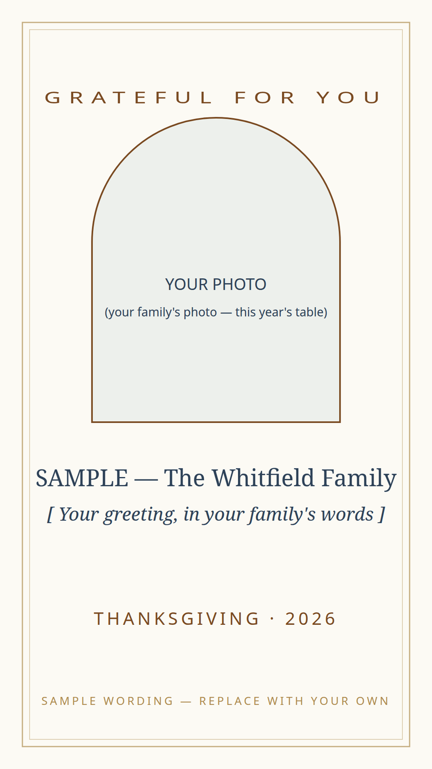 Thanksgiving greeting card template — photo placeholder, family greeting in their own words, and the year