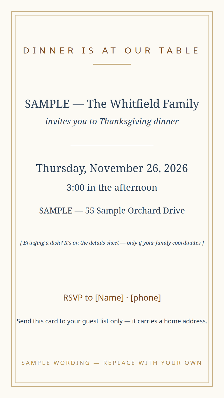 Thanksgiving dinner invitation card template — date, time, place, what-to-bring, and RSVP lines