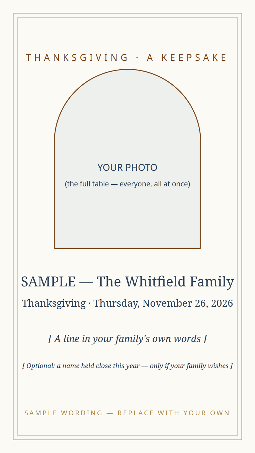 Thanksgiving keepsake card template — this year's table photo and a line in the family's own words
