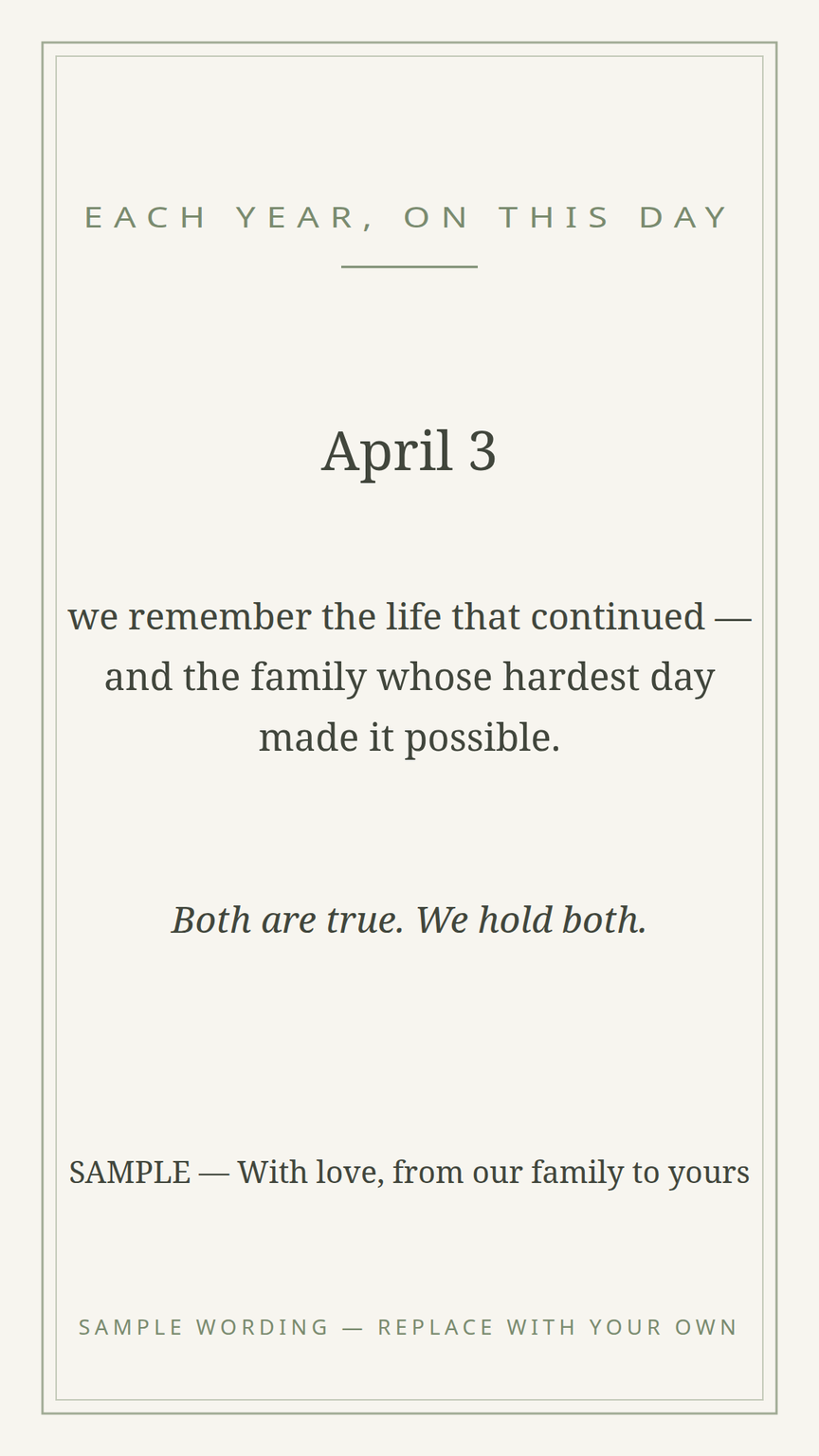 Annual remembrance card template — a quiet card holding both truths of the day
