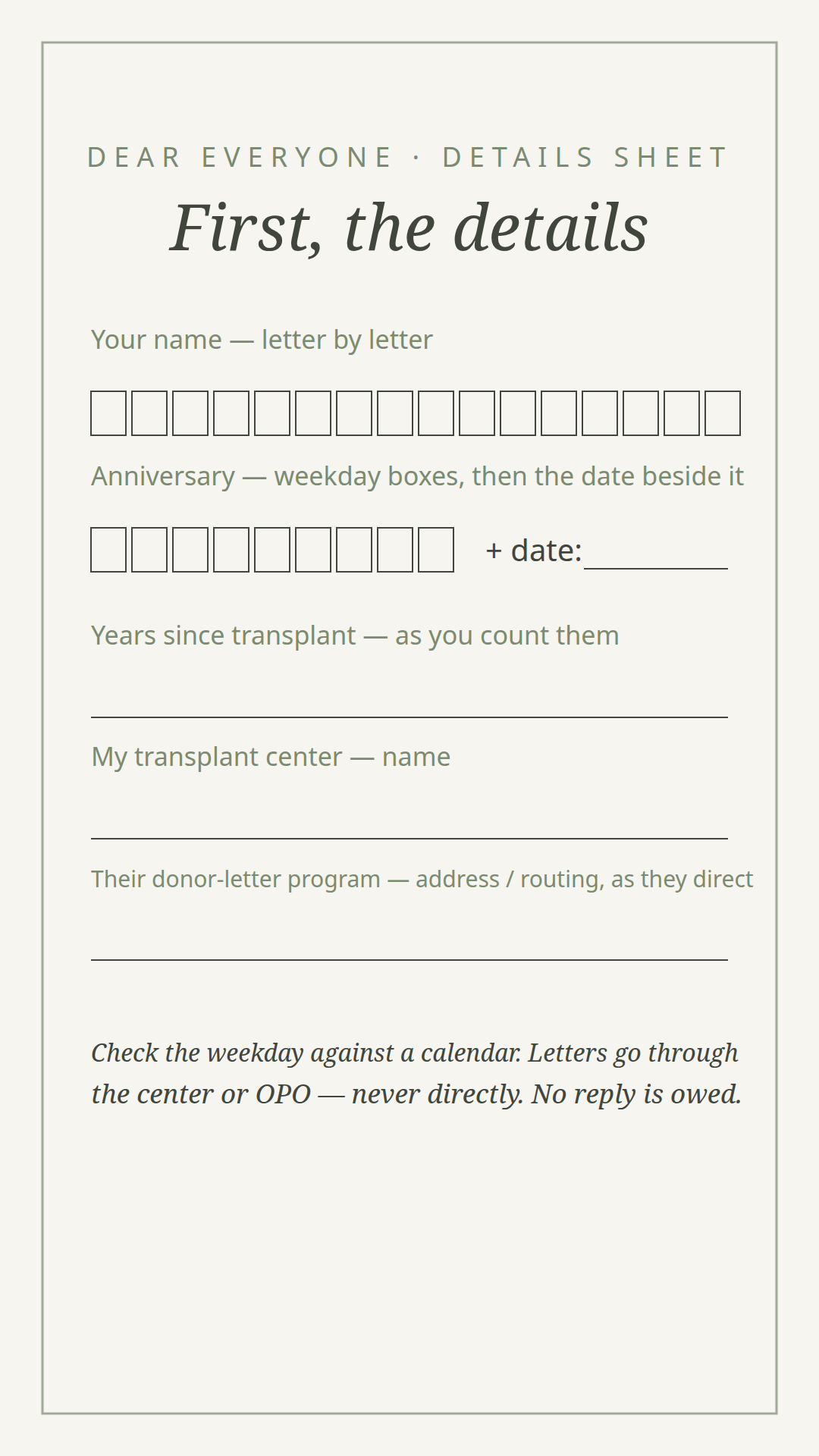 The suite's details sheet — letter-boxed name and date fields with a weekday check