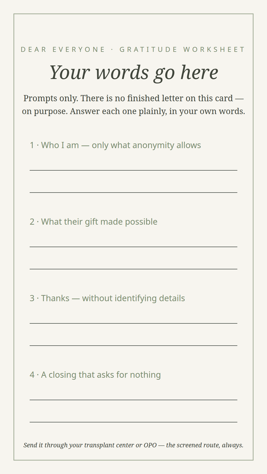 Donor-gratitude letter scaffold worksheet — writing prompts in order, with the etiquette and the screening route; prompts and structure only
