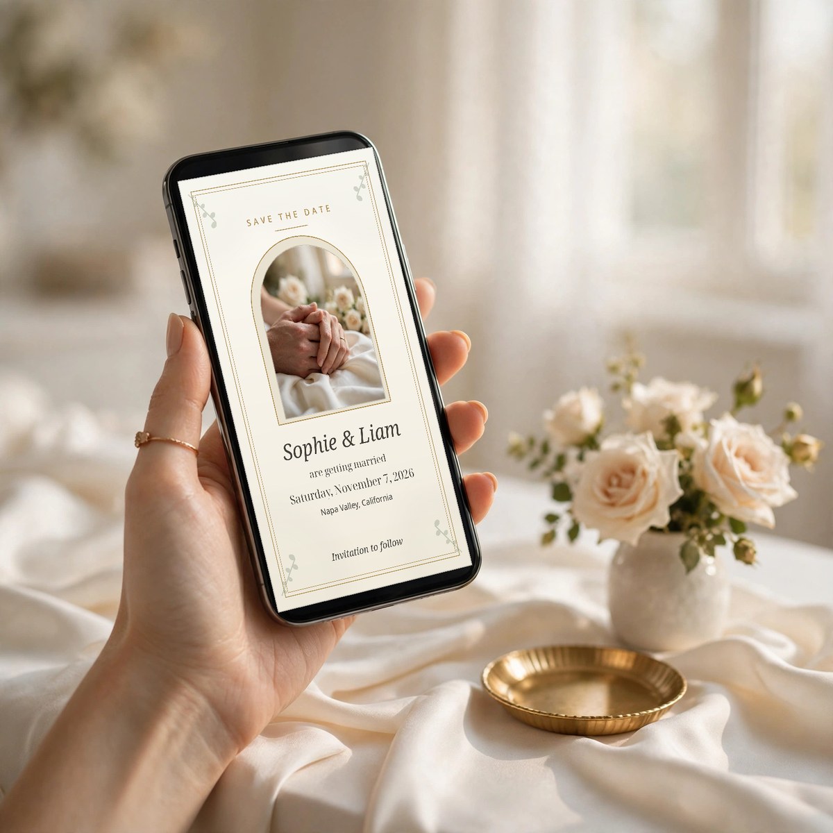 Hand holding a phone showing a sage and gold save-the-date wedding invitation with a ring box and bouquet on a café table