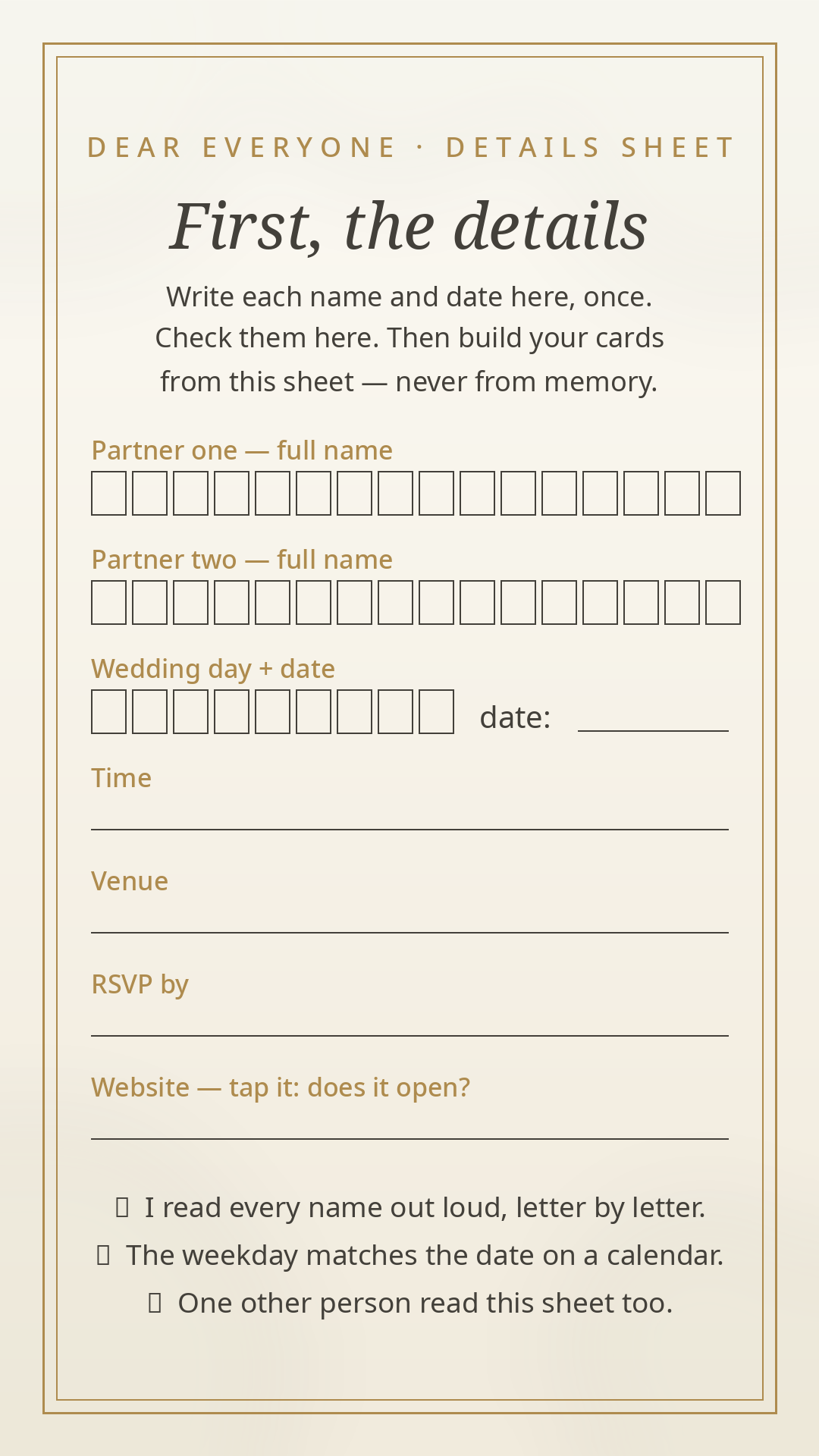 The suite's details sheet — letter-boxed name and date fields with a weekday check