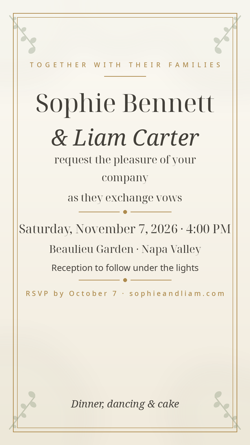 Wedding invitation card template — ceremony and reception details in sage and gold
