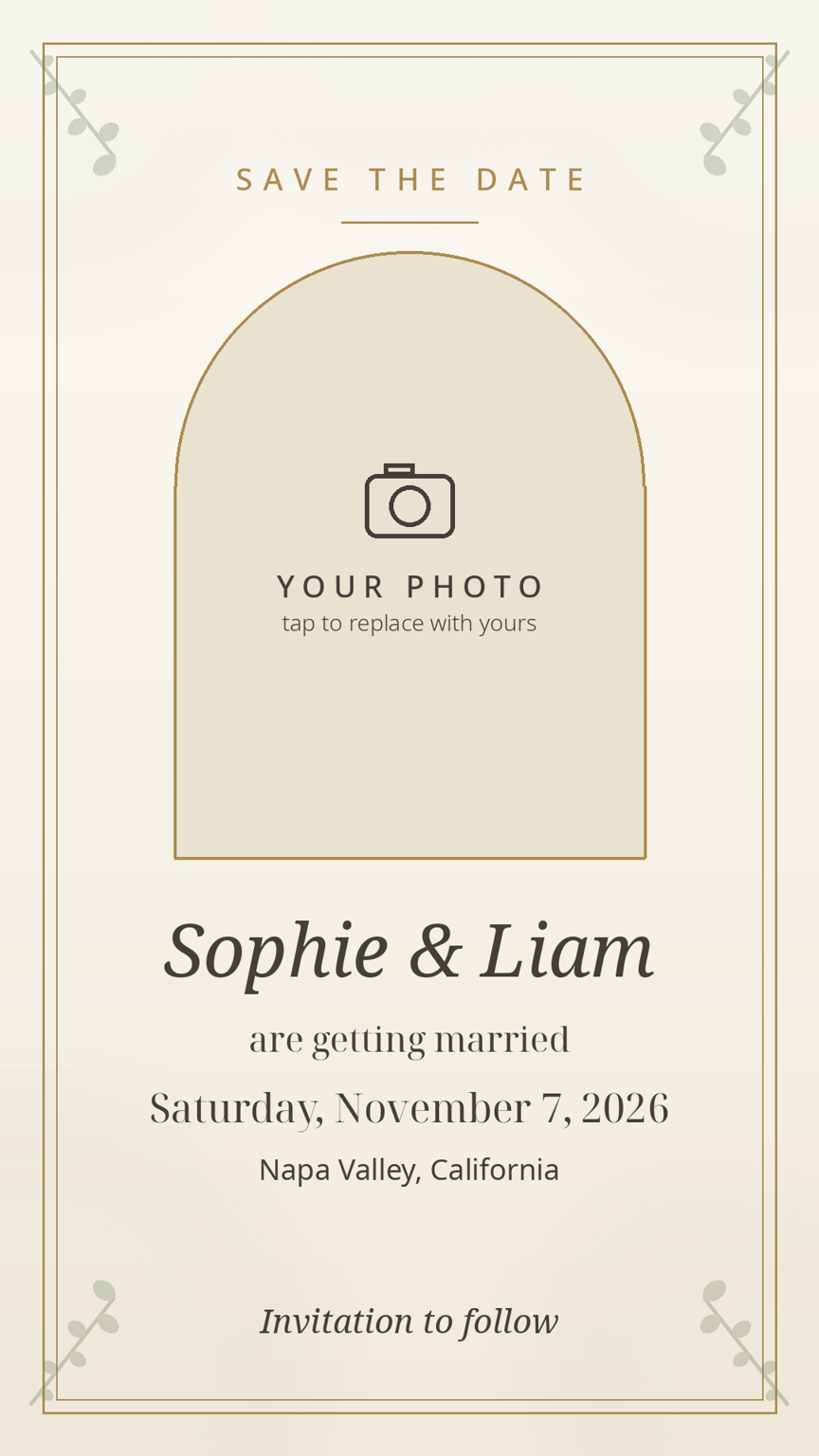 Save-the-date card template — photo, names, date and city in sage and gold