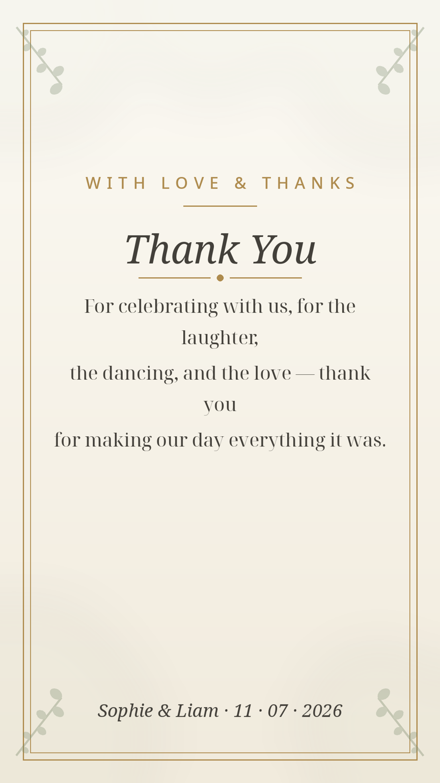 Wedding thank-you card template in matching sage and gold
